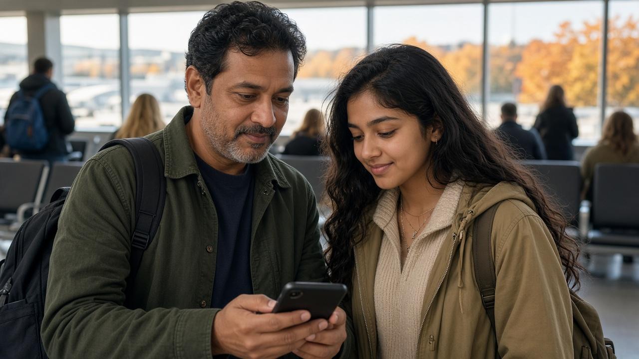 Father and teenage daughter checking a boarding pass at a busy gate, a trip where airport lounge access could help
