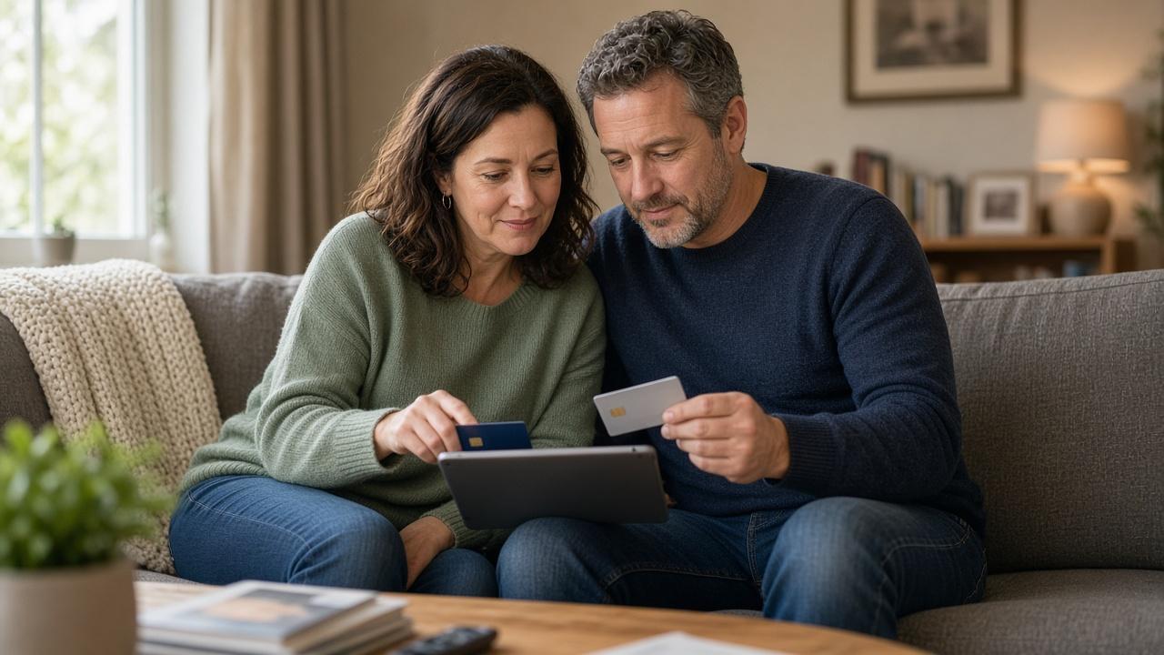 Couple on a living room couch comparing low-interest credit cards rates on a tablet
