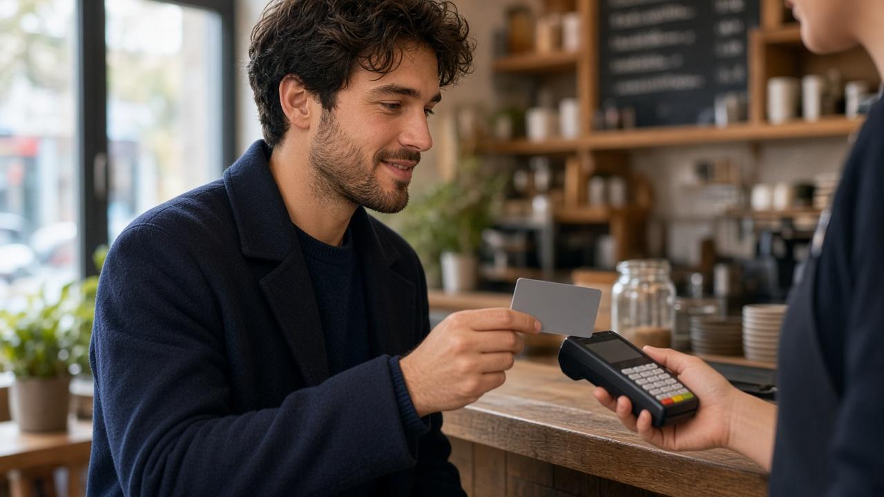 Young professional at a café paying contactless with a plain unbranded card