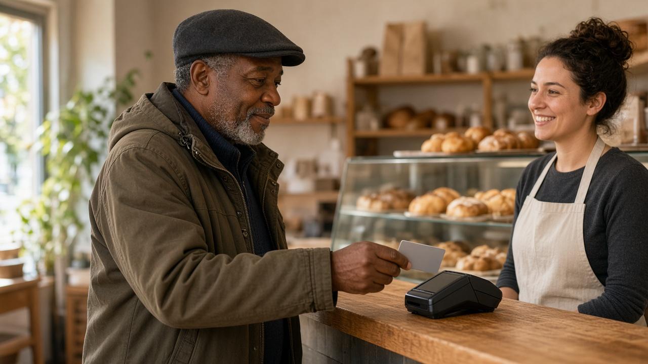 Older man paying with a debit card at a neighbourhood bakery counter