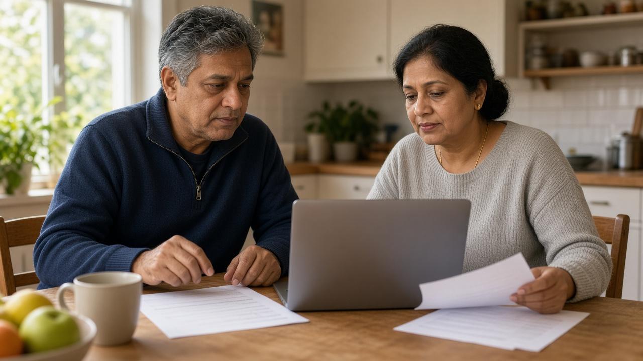 Couple at a kitchen table reviewing statements to compare no-fee bank accounts