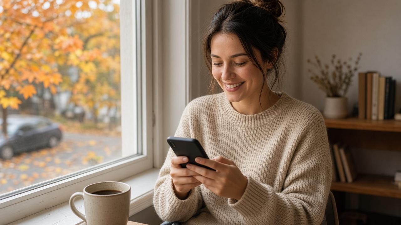 Woman by a sunny window checking her no-fee bank accounts on her phone