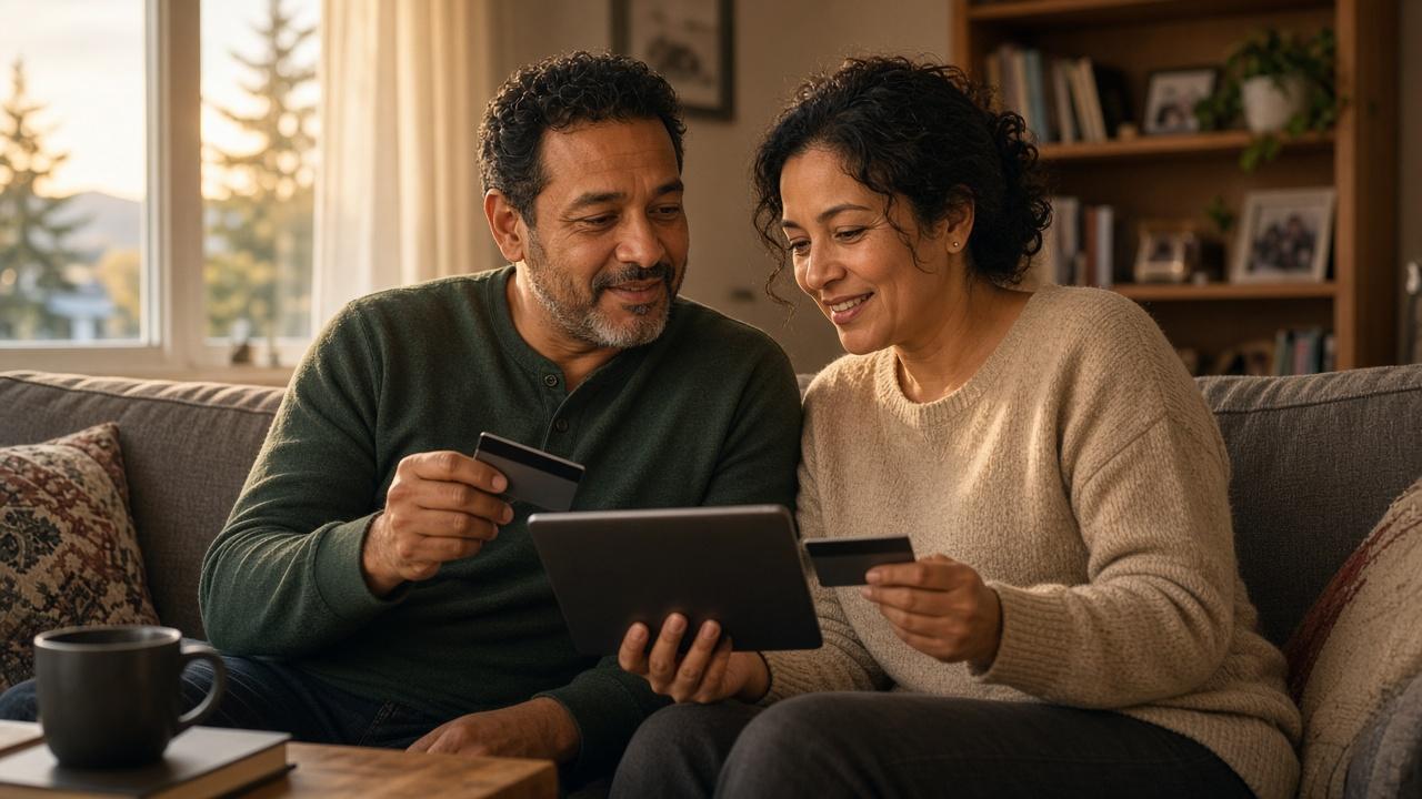 Couple comparing no-fee credit cards options on a tablet