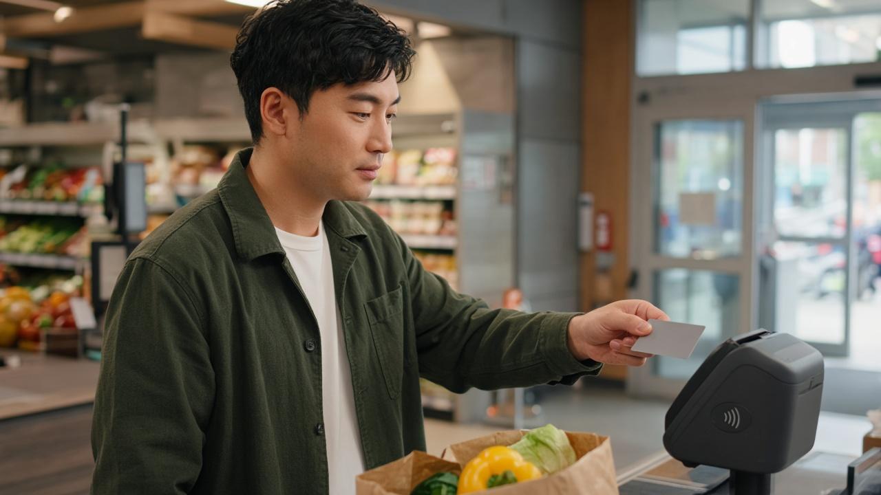 Young adult tapping a plain unbranded card at a grocery store checkout