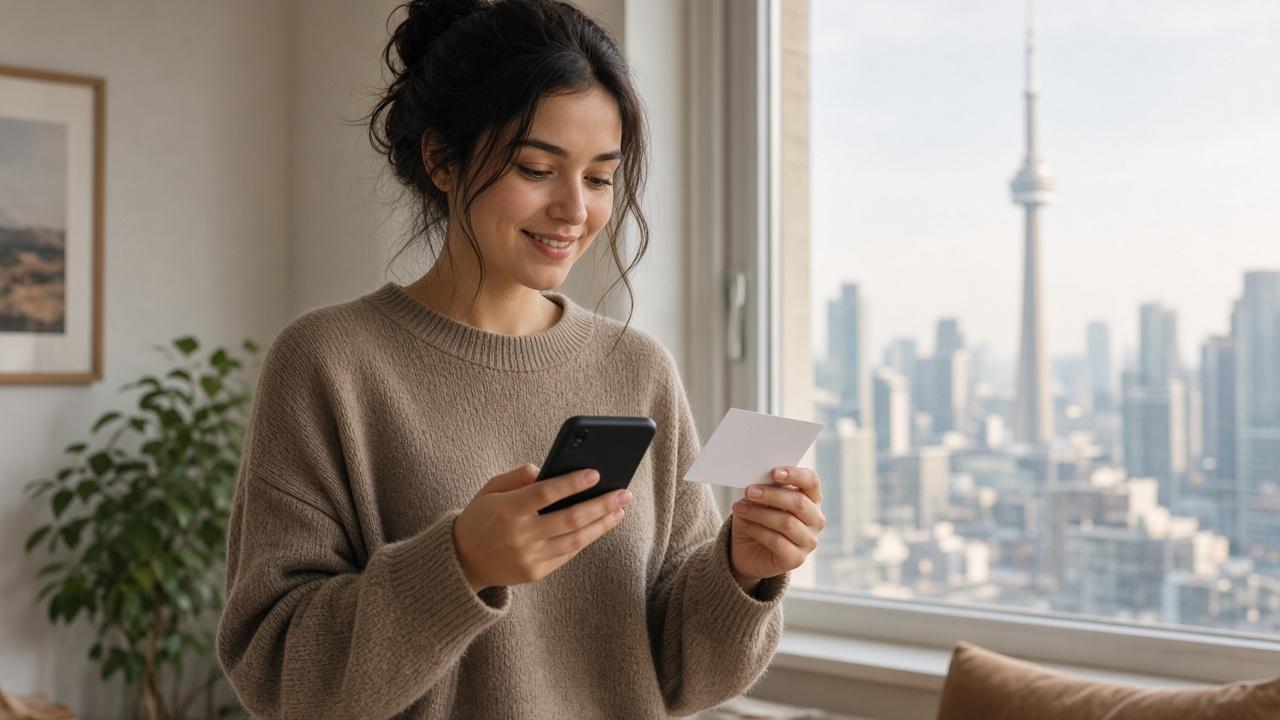 Newcomer at a sunny apartment window setting up one of her first secured credit cards on her phone