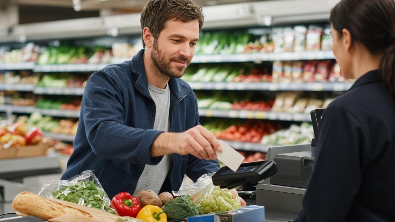 Man tapping a plain unbranded card at a grocery store checkout
