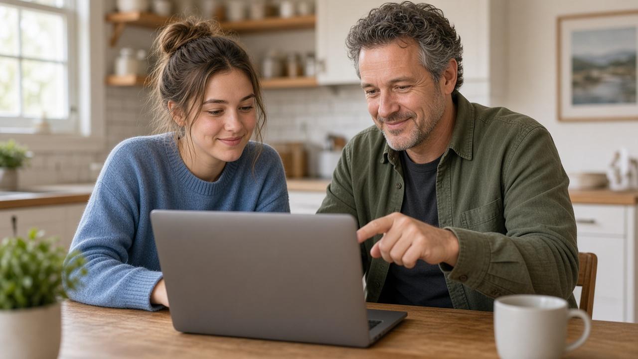 Student and her father reviewing a budget before choosing between secured credit cards