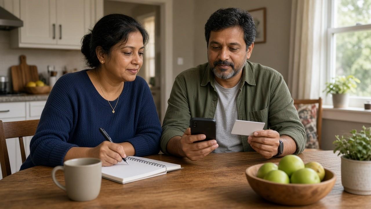 Couple at their kitchen table planning how to meet credit card welcome bonuses