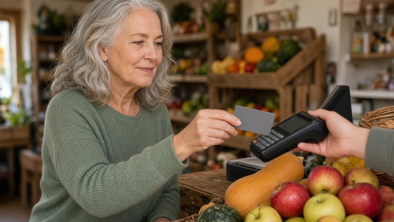 Woman paying for groceries with a credit card at a neighbourhood market